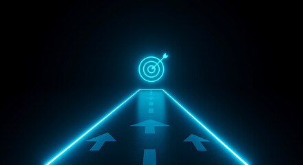 Neon blue road leading to target with arrows goal