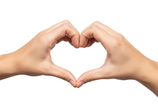 Two human hands forming a heart shape gesture of love and affection isolated on transparent background