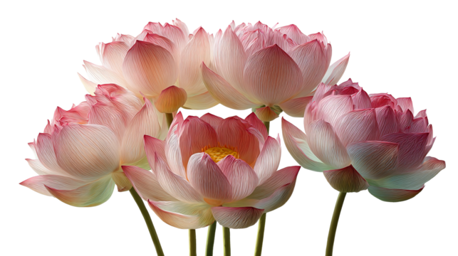 Five pink and white lotus flowers on a white background isolated on a transparent background