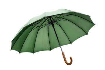 Open green umbrella with a wooden handle providing rain protection tool on transparent background