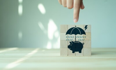 Financial Security: A hand points toward a block symbolizing the concept of financial security, an umbrella shielding a piggy bank from rain and lightning, representing the protection of assets.