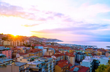 The dawn over Sanremo and Ligurian sea, as viewed from the city hill, Italy