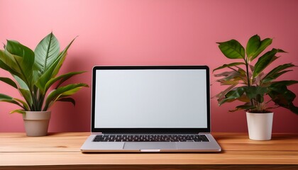 Fototapeta premium modern laptop on a wooden table with pink background and plants