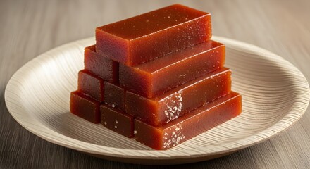 Stacked Fruit Jelly Slices with Glossy Finish, Arranged on a White Plate, A Vibrant and Chewy Dessert Perfect for Parties, Festive Occasions, and Refreshing Sweet Treats for All Ages

