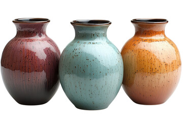 Three decorative ceramic vases in varying colors showcase artistic design and craftsmanship for home decor ideas on transparent background