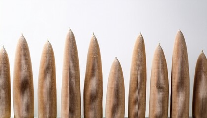 tan cone shaped plants in a horizontal row against a white background