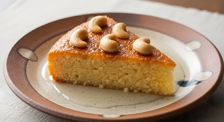 Moist and Fluffy Cashew Cake Slice with Golden Crust and Whole Cashew Topping, Served on a Rustic Plate, A Simple Yet Rich Dessert Perfect for Tea Time, Family Gatherings, and Everyday Treats

