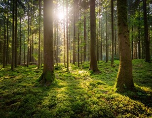 Fototapeta premium the serene forest filled with verdant moss and towering trees in sunlight
