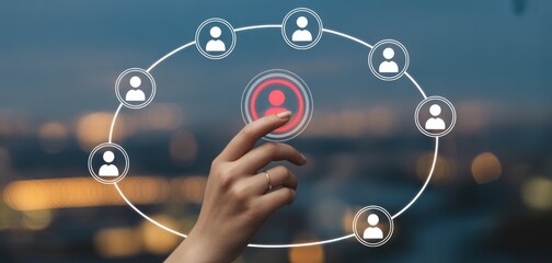 Digital Human Connection: A hand interacts with a digital interface, illuminating a single person icon amidst a circle of connected profiles, showcasing network, relationship, and communication.