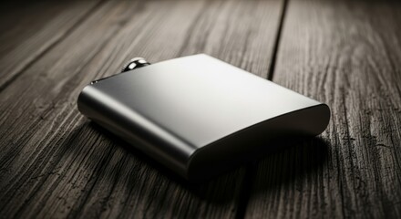Silver hip flask resting on rustic aged wooden plank surface in dim light