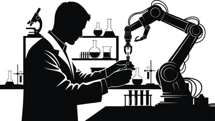 Scientist and robotic arm in laboratory science automation, science, laboratory, scientist, robotic arm, automation, research, experiment, technology, innovation, future, chemistry, biology, medicine,