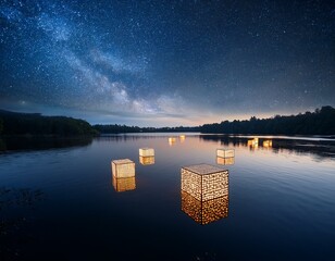 floating cubes over a serene lake at night