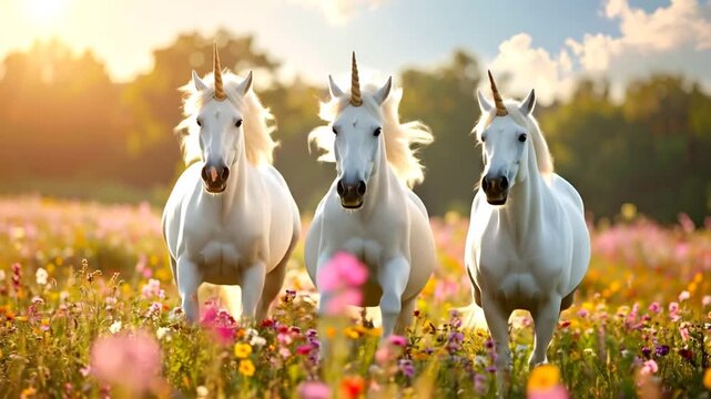 A majestic herd of three white unicorns galloping through a vibrant meadow of wildflowers during a magical golden hour