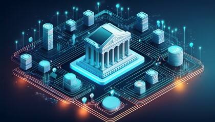 a connected digital financial ecosystem with a strong central bank distributing wealth isometric