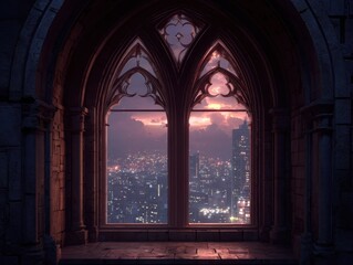 Gothic Revival Architecture, Ornate Stone Window Overlooking Twilight Cityscape, Urban Night Lights, Grand Historic Interior Detail