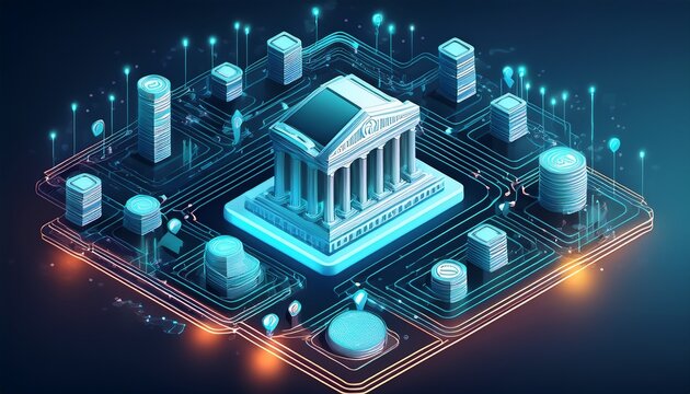 a connected digital financial ecosystem with a strong central bank distributing wealth isometric