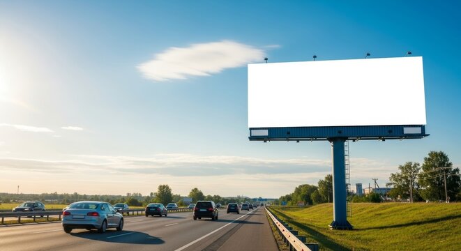 Billboards along highway showcasing advertising space with blue sky background