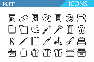 Sewing and embroidery kit – modern outline icons of tailoring elements