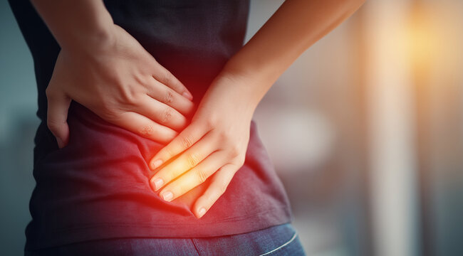 Woman with back pain and glowing spine, close-up on her hands holding the lower part of her waist