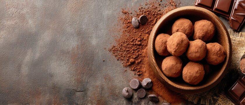 Indulging in chocolate truffles and cocoa powder on a rustic wooden table during a cozy evening