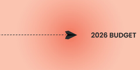 2026 budget concept vector with paper airplane flying forward on pastel background, symbolizing financial planning, business growth, investment, and economic strategy.