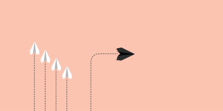 Leadership and innovation concept vector with one black paper airplane changing direction from white planes, symbolizing creativity, individuality, and forward thinking.