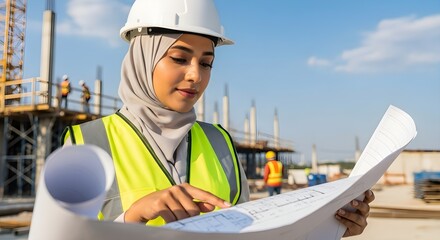 Muslim female architect reviews blueprints at a construction site wearing a hard hat and safety vest.