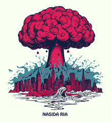 Nuclear explosion in the city. The atomic bomb, the explosion of the flaming mushroom cloud bomb, and the destruction of war. Apocalypse detonation, dangerous war vector illustration.