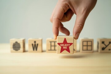 Strategic Choice: A close-up shot of a hand selecting a block marked SELECT ME, highlighting a pivotal decision or option amidst various symbols and choices.