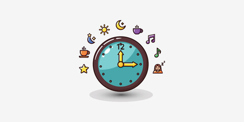 Cute cartoon clock vector with sun, moon, coffee, music, and star icons representing time, routine, lifestyle, and day-night concept in colorful flat illustration style.