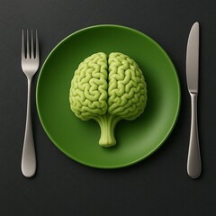 A surprising presentation: brain-shaped broccoli served on a plate. Conceptual image symbolizing healthy eating, brain food, mental clarity, diet, and cognitive power with a touch of irony.
