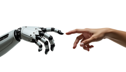 Robotic arm and human hand reaching isolated on a transparent background artificial intelligence