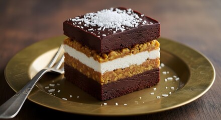 Decadent Layered Chocolate and Cream Cake with Nutty and Coconut Accents, Served on a Golden Plate, An Elegant Dessert for Celebrations, Parties, and Gourmet Indulgence

