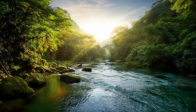 sunlit river gorge lush greenery tranquil scene nature photography