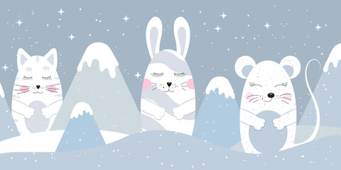 Children's drawing, snow-capped mountains with animals, vector illustration