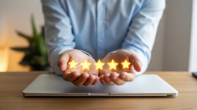 A close-up shot of a person holding five glowing gold stars, symbolizing excellent customer feedback