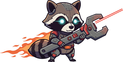 Futuristic raccoon engineer flying with jetpack and laser wrench in sci-fi armor vector character illustration design © Clipart Galaxy