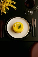 Elegant lemon dessert served on a black minimalistic table setting with wine and flowers. Aesthetic, modern, and delicious—perfect for culinary branding and premium food content.