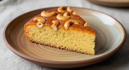 Moist Cashew Cake Slice with Golden Crust and Whole Cashew Topping, Served on a Rustic Plate, A Simple Yet Rich Dessert for Tea Time, Family Gatherings, and Everyday Indulgence

