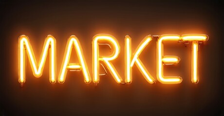 Bright neon sign displays word MARKET. Warm orange glow against dark background. Simple, bold lettering creates strong visual impact.