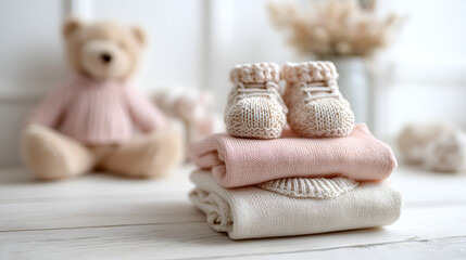 Baby booties close-up with delicate texture, cozy childhood accessory, soft minimalism and warm tender details.