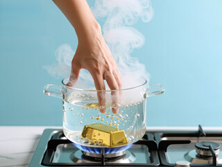 Hand reaching into hot water for gold bar. Risk for High Reward