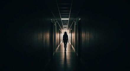 Silhouette of a woman walking alone down a dark hallway. Mysterious figure in a long corridor with dramatic light and shadow. Suspense and horror concept