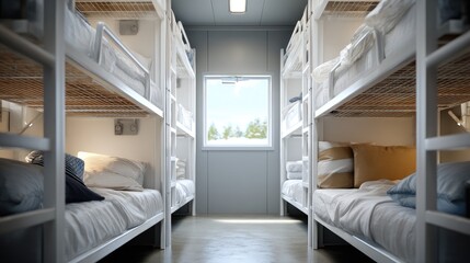 Spacious dormitory room with multiple bunk beds and bright window for natural light