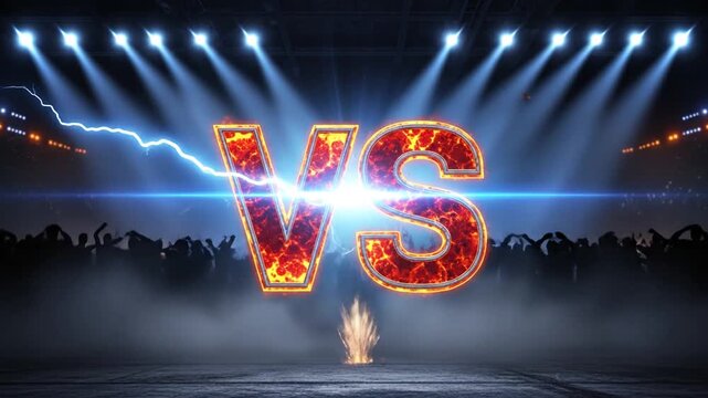 Dynamic versus concept with fiery 'VS' symbol and electric lightning effects, set in a dramatic illuminated arena with a cheering crowd, embodying intense competition and rivalry