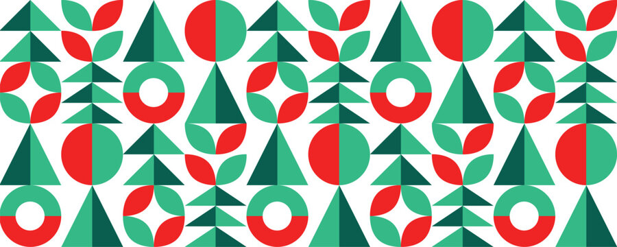 Geometric Christmas Tree Holiday Seamless Pattern. Modern Holiday Pattern with Abstract Trees and Circles. Vector illustration
