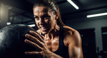 Intense woman exercising with a medicine ball in the gym. Close-up of a fit athlete during a strength training workout. Determination and power concept