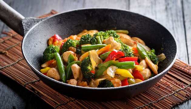 colorful stir fried capcay served in a rustic wok
