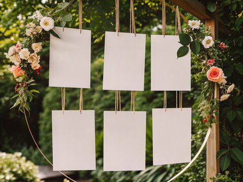 Wedding Seating Chart Mockup with Hanging Cards and Floral Arch in Outdoor Garden