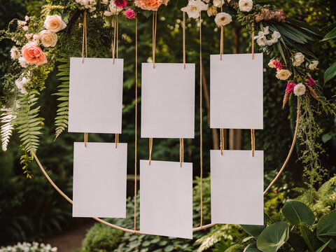 Wedding Seating Chart Mockup with Hanging Blank Cards and Lush Floral Arch